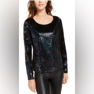 INC International Concepts Size XS Black Sequin Long Sleeve Scoop-neck Blouse